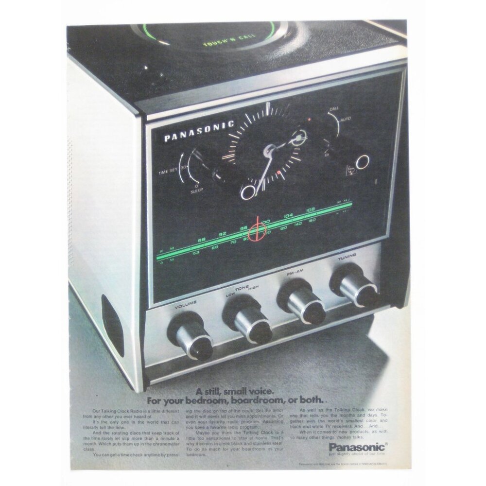 Panasonic Vintage Talking Clock Radio 1970s Print Advertisement